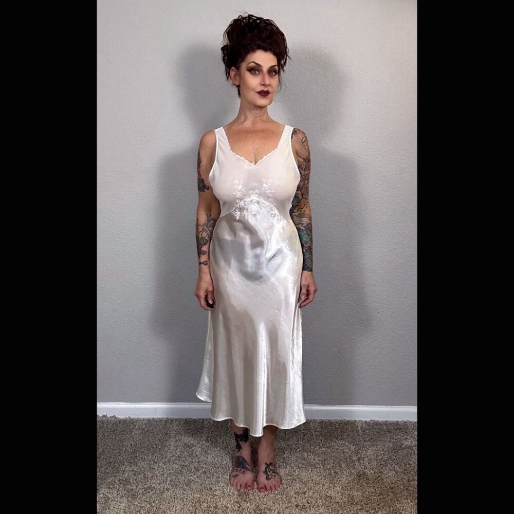 90s Vintage Lingerie Sheer Floral Retro Slip Dress Feminine White Sheath M